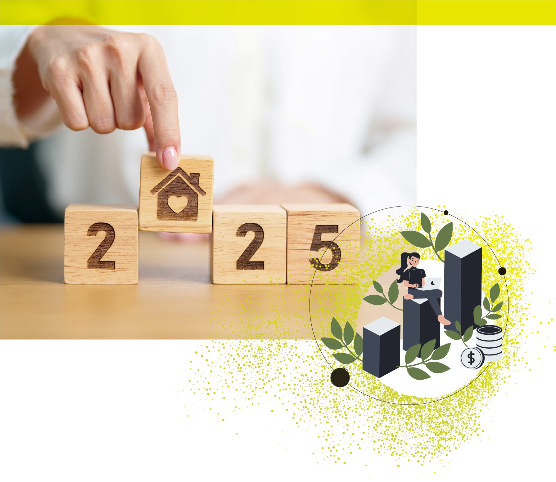 Eine Hand platziert einen Holzwürfel mit einem Haus-
                    und Herz-Symbol neben anderen Würfeln mit Zahlen, ergänzt durch eine Illustration einer Frau, die
                    auf Balkendiagrammen sitzt. 